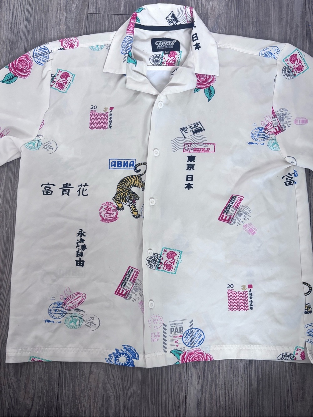 Short Sleeve Shirt - White with Multicolor Postal Motif